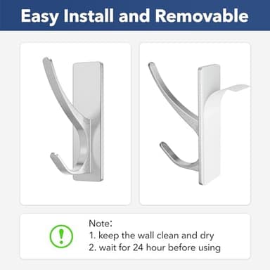 Self-Adhesive Coat Hooks for Hanging - Heavy Duty Stainless Double Wall Hook for Towel, Backpack, Hat, Sturdy Metal Hanger for Bathroom, Bedroom, Door, Wall Mounted, 4-Pack, Silver, New - Image 3