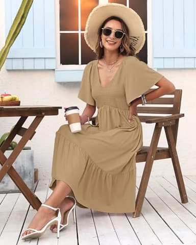 AUSELILY Women's Summer Empire Waist Dress Smocked Flutter Short Sleeve V Neck Midi Dresses 2025 New Camel XL - Image 5