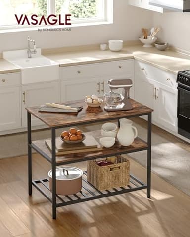 VASAGLE Kitchen Island with 3 Shelves, 39.4 Inches Width Kitchen Shelf with Large Worktop, Stable Steel Structure, Industrial, Easy to Assemble, Rustic Brown and Black UKKI005B01 - Image 2