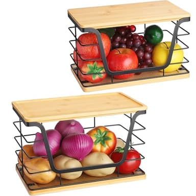 ALOCEO 2 Pack Large Garbage Bag Dispenser for 13/30/33 Gallon Bags, Potato and Onion Storage Baskets with Bamboo Lid, Stainless Steel Stackable Storage Bins for Kitchen Laundry Pantry Room - Image 3