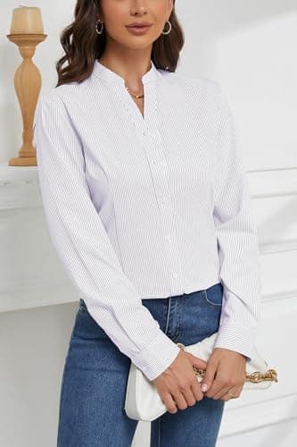 HOCAIES Women's Mandarin Collar Striped Button Down Shirts Business Casual Tops Collar Work Dress Shirt Slim Fit Blouse (Large, HS_Purple) - Image 3