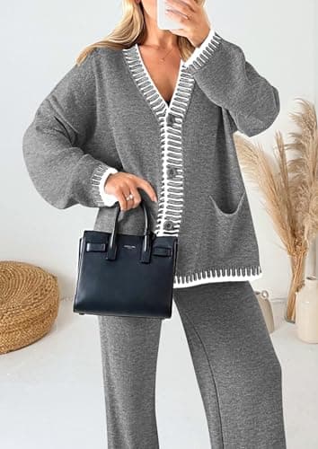 PRETTYGARDEN Lounge Sets for Women Fall 2025 Loungewear 2 Piece Outfits Cardigan Sweaters Track Suit Matching Winter Clothing (Grey,Large) - Image 5