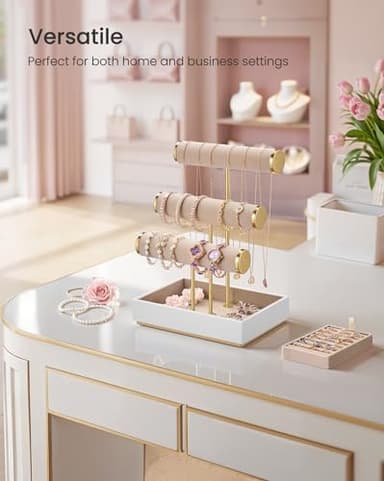 SONGMICS Bracelet Holder Stand, Jewelry Display Stand, Jewelry Organizer, with 3 Tiers and Velvet Tray, Removable Ring Holder, Cloud White and Camel Brown UJJS027A01 - Image 2
