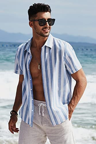 JMIERR Men's Summer Casual Stylish Short Sleeve Button-Up Shirts Cotton Linen Vertical Striped Business Dress Shirts Beach Cruise Shirt Resort Wear, L, Sky Blue - Image 4