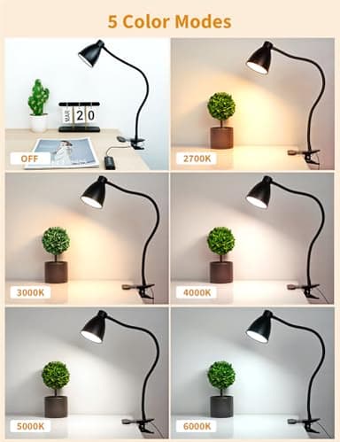 BOHON Desk Lamp 5 Color Modes 10 Brightness Dimmer Reading Light 10W 38 LED Clamp Lamp with Auto Off Timer 360° Flexible Gooseneck Clip on Light for Bed Bedside, AC Adapter Include - Image 2