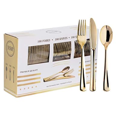 N9R 300PCS Gold Plastic Silverware, Heavy Duty Gold Plastic Cutlery Set Disposable Flatware Dinnerware, 100 Forks, 100 Spoons, 100 Knives, Perfect for Party, Wedding and Daily Use - Image 1