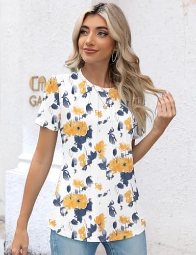 Kistore Women's Yellow Floral Shirts for Women Dressy Casual Short Sleeve Crew Neck Tunic Tops for Leggings L - Image 5