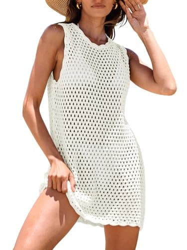 ANRABESS Womens Swimsuit Cover Up Sleeveless Knit 2025 Summer Outfits Swimwear Bathing Suit Coverup Crochet Beach Dress White Small - Image 1
