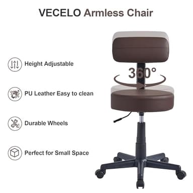 VECELO Armless Chair Rolling Stool with Backrest for Garage Shop Workbench Salon, Massage, Tattoo and Kitchen, with Wheels, Height Adjustable, Swivel, Coffee Brown - Image 9