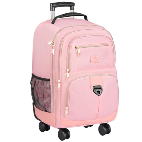 MATEIN Rolling Backpack for Women, 18 inch Roller Laptop Bag with 4 Wheels for Adult, Sturdy Wheeled Backpack Carry on Luggage, Extra Large Travel Bag Suitcase Back Pack for Work College Trips, Pink - Image 1