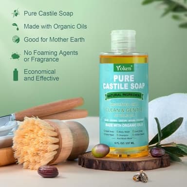 Yoken Pure Castile Liquid Soap Organic (EWG Verified, Unscented, 8 OZ), Made with Organic Oils, No Added Fragrance, Vegan, Castile Soap Liquid for Face, Laundry, Dishes, Sensitive Skin, Travel Soap - Image 5