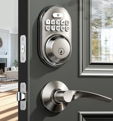 Veise Keyless Entry Door Lock with 2 Lever Handles - Electronic Keypad Deadbolt, Auto Lock, Back Lit & Easy Installation Design, Front Door Handle Sets, Satin Nickel - Image 1