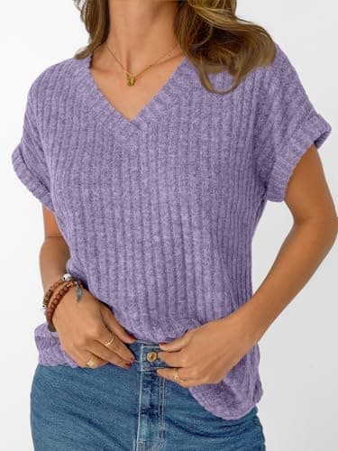 AUTOMET Women Tops Summer Sweaters Short Sleeve V Neck Shirts 2025 Spring Fashion Dressy Casual Business Tunic Blouses Purple L - Image 3