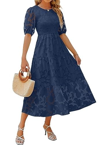ZESICA Women's 2025 Summer Short Puff Sleeve Crewneck Smocked Floral Lace Flowy A Line Tiered Maxi Dresses,Navy,XX-Large - Image 1
