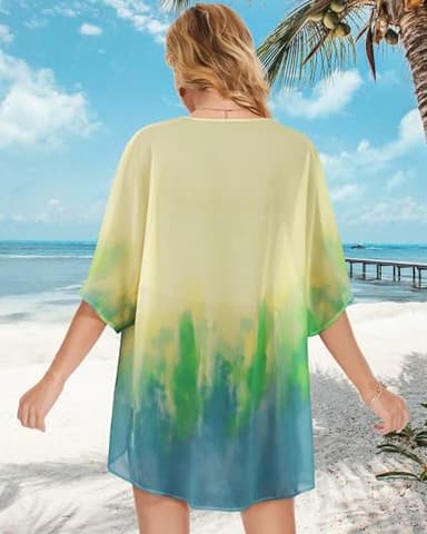 Women's Floral Kimono Print Puff Sleeve Loose Cardigan Cover Up Casual Blouse Tops (Yellow Green Tie-dye, 2XL) - Image 5
