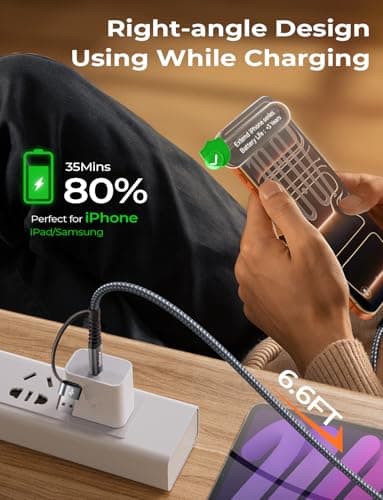 AINOPE for iPhone 17 Charger USB C Cale with USB to USB C Adapter,60W Type C Charger Fast Charging Cable for iPad 2-𝑷𝒂𝒄𝒌 6.6FT Right Angle Carplay Cable Fit iPhone 17 16 15 Air Pro Samsung - Image 4