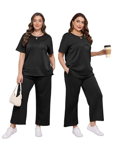 OFEEFAN Lounge Set for Women Two Piece Summer Outfits Loose Travel Short Sleeve Track Suit Wide Leg Loungewear Capri Pants Matching Clothing Set Cruise Wear Women's Airport Vacation Clothes Black XL - Image 6