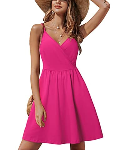 STYLEWORD Women's V Neck Spaghetti Strap Summer Casual Dress Teens Cute with Pocket Hot Pink(Rose-429,M) - Image 1