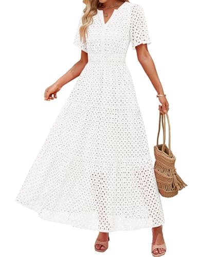 ZESICA Women's 2025 Summer Short Sleeve Maxi Dress Casual V Neck Hollow Out Eyelet Ruffle Swing A Line Long Dresses,White,Medium - Image 1