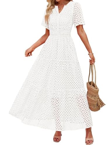 ZESICA Women's 2025 Summer Short Sleeve Maxi Dress Casual V Neck Hollow Out Eyelet Ruffle Swing A Line Long Dresses,White,Medium - Image 1