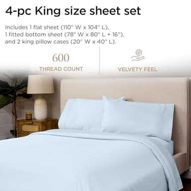 Threadmill 100% Cotton Sheets for King Size Bed - 600 Thread Count King Bed Sheets Set with 16” Deep Pocket - Sateen Weave 4-Piece Bedding Set with Cooling Effect, Blue - Image 2