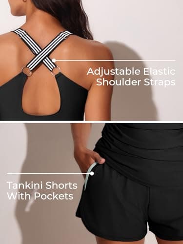 Summer Mae Modest Tankini Swimsuits for Women 2025 Two Piece Bathing Suits with Sporty Pockets Boy Shorts for Tummy Control Pure Black Size 14 - Image 3