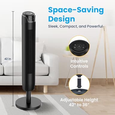 Senville 42" Oscillating Tower Fan for Bedroom, Remote, Bladeless, Quiet, 3 Modes, 7-Hour Timer, LED Display, Black - Image 5