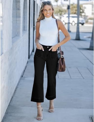 luvamia Wide Leg Jeans for Women Trendy High Waisted Flare Jeans Cropped Denim Pants Stretchy Baggy with Patch Pockets Wide Leg Cropped Pants True Black Size Large Fits US 12-14 - Image 5
