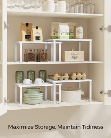 SONGMICS Cabinet Organizer Shelf, Set of 4 Kitchen Counter Shelves, Kitchen Storage, Spice Rack, Stackable, Expandable, Metal and Engineered Wood, Cloud White and Snow White UKCS027W01 - Image 4