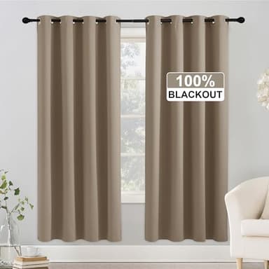 RYB HOME 72 Inches 100% Blackout Curtains for Bedroom, Thermal Insulated Room Darkening Privacy Window Treatment Drapes for Living Room Energy Efficient, Anti-Rust Grommet, Mocha, W52 x L72, 2 Panels - Image 1