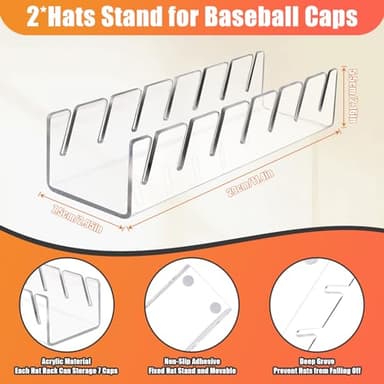 Hat Stand for Baseball Caps, 2 Pack No Install Acrylic Hat Organizer for 14 Baseball Caps Storage Organizer, Hat Racks Hat Holder Display and Organization for Closet, Bedroom, Dresser (Clear-2Pack) - Image 7