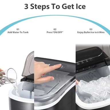 WAA Ice Makers Countertop, Portable Ice Maker Machine with Handle, Self-Cleaning with Basket and Scoop, 9 Bullet Ice Cubes in 6 Mins, 26lbs in 24Hrs for Home, Kitchen, Bar(Stainless Steel, Black) - Image 6