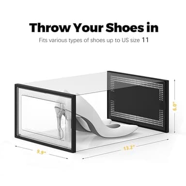 SEE SPRING X-Large Black Modern Plastic Shoe Box, 12 Pack, Clear Front Door, Stackable, Foldable, Ventilated, Fits US Size 11, 13.2''L9.1''W7.3''H Inch, 655.65 Cubic Inches, Already Assembled - Image 5