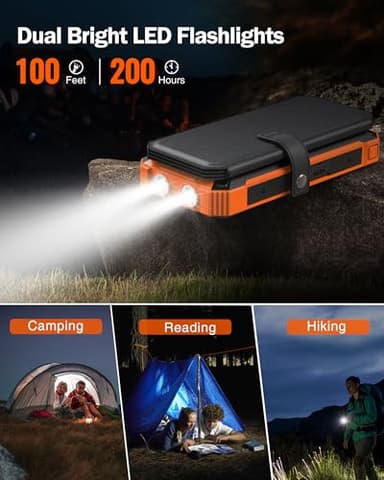 GOODaaa Power Bank Wireless Charger 36800mAh Solar Charger with Five Solar Panels Built-in Four Cable Five Outputs Portable Power Bank for Cell Phone with Dual Flashlights, Carabiner - Image 5