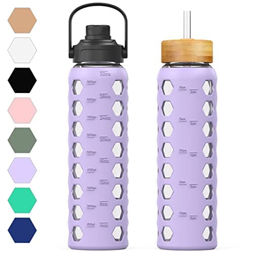 MUKOKO 32oz Glass Water Bottles with 2 Lids-Handle Spout Lid&Bamboo Straw Lid, Motivational Water Tumbler with Time Marker Reminder and Silicone Sleeve, Leakproof-Purple-1 Pack - Image 1