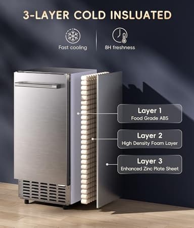 ecozy Under Counter Nugget Ice Maker Machine, Bulit-in & Freestanding, Horizontal Handle, Reversible Door, 66 Lbs/Day, Thickened Viewing Glass Window, Self-Cleaning & 24H Timer, Stainless Steel - Image 6