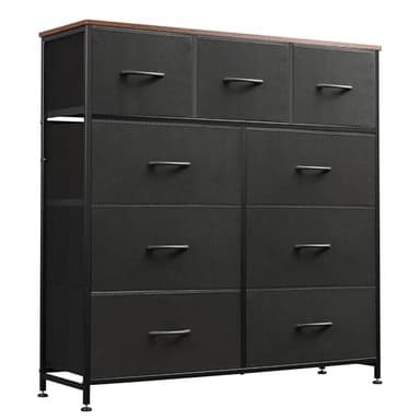 WLIVE 9 Drawer Dresser, Fabric Storage Tower for Bedroom, Hallway, Closet, Tall Chest Organizer Unit for Bedroom with Fabric Bins, Steel Frame, Wood Top, Easy Pull Handle, Black and Rustic Brown - Image 1