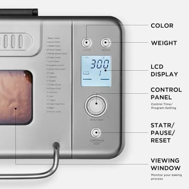 Neretva Bread Maker, 20-IN-1 2LB Bread Machine Dual Heater Bread Maker Machine Automatic with Nonstick Ceramic Pan, 15H Timer & 1H Keep Warm Set, Low Noise, Stainless Steel Breadmaker Recipe-Silver - Image 7