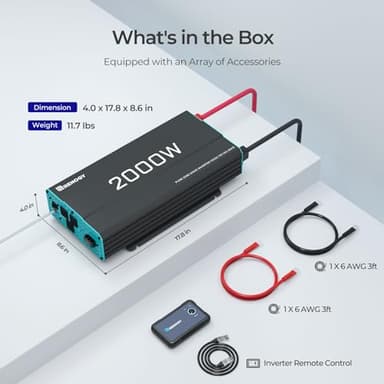 Renogy Inverter P2 2000W Pure Sine Wave Inverter 12V DC to 110V AC Converter, Off-Grid Solar Power Inverters for Vehicles, Truck, RV, Home, with Built-in 5V/2.1A USB / Hardwire Port, Remote Controller - Image 8