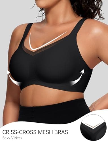 OEAK Womens Wireless Bras V Mesh Comfortable Bralette Supportive Tshirt Bra No Underwire Seamless Push Up Everyday Bras Black L - Image 2