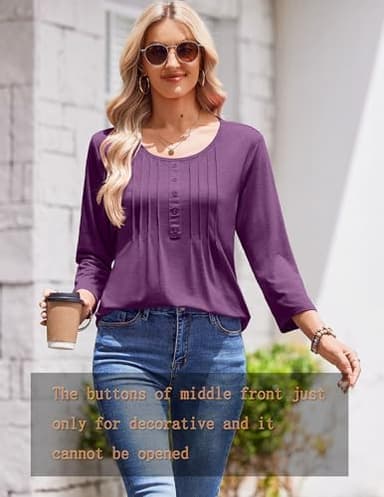 Zeagoo 3/4 Length Sleeve Womens Tops Round Neck Casual Summer Tunic Tops Basic Tees Blouses Dressy T-Shirts Pleated Shirts - Image 7
