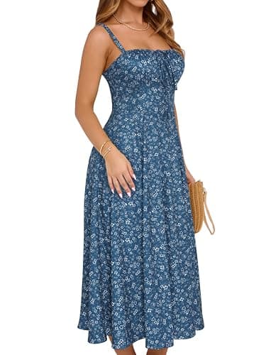 YATHON Midi Floral Corset Maxi Dresses for Women 2025 Casual Summer Tie at Bust Midi Sun Dress(YT552-Blue White F 05,S) - Image 3