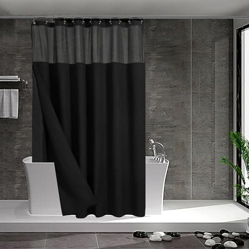 N&Y HOME Waffle Weave Shower Curtain with Snap-in Fabric Liner & 12 Black Hooks Set - Hotel Style, Water-Repellent & Washable, Mesh Top Window - 71x72, Black - Image 1