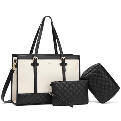 Keyli 3pcs Laptop Bag for Women,15.6 Inch Canvas+Leather Laptop Tote Bag Work Bags Large Capacity Business Computer Briefcase Casual College Shoulder Handbag Crossbody Purse for Travel Office Khaki - Image 1