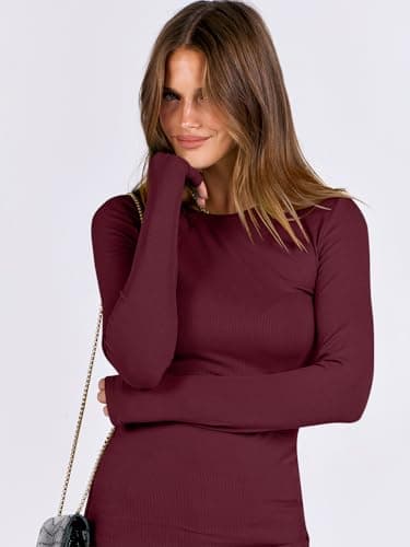ANRABESS Women Long Sleeve Shirts Rib Knit Slim Fit Tops Basic Tee 2025 Fall Outfits Casual T-Shirt Underscrubs Layer Clothes Deep Red Large - Image 6