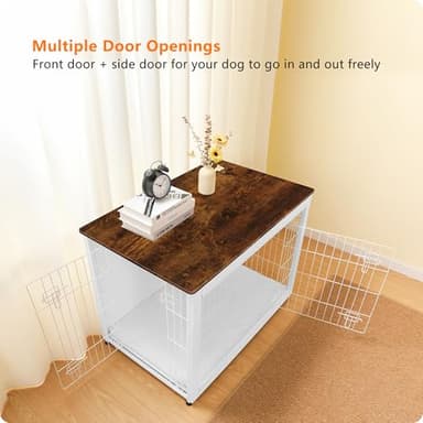 DWANTON Dog Crate Furniture with Cushion, Wooden Kennel Table with Double Doors, Indoor Dog House, Large Size, 38.5" L, White+Rustic Brown - Image 2