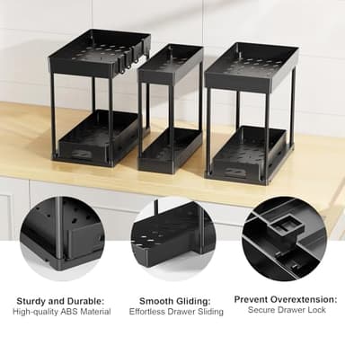 Delamu 3 Pack Under Sink Organizers and Storage, 2 Tier Black Bathroom Cabinet Organizer, Multi-Use Kitchen Bathroom Organizers and Storage, Under Counter Organizer with Hooks - Image 6