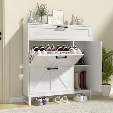 Betterhood Shoe Cabinet for Entryway with 2 Flip Drawers, Slim Freestanding Shoe Rack Organizer, Entryway Shoe Cabinet with Open Storage for Foyer and Hallway, White - Image 1