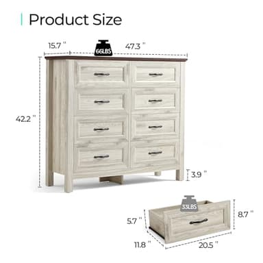LINSY HOME Farmhouse 8 Drawers Dresser Chests for Bedroom, Wood Dresser Wide Chest of Drawers, Storage Dressers Organizer for Bedroom, Living Room,Hallway, SGS Certified - Image 3