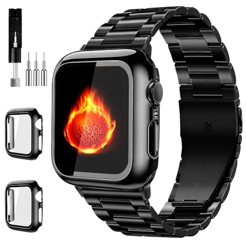 Bekomo Compatible with Apple Watch Band 49mm 46mm 44mm 45mm 42mm 40mm 38mm 41mm, Stainless Steel iWatch Bands with 2 Pack Tempered Glass Case for Series 11/10/9/Ultra 3 2/8/7/6/5/4/3/2/1/SE for Men - Image 1